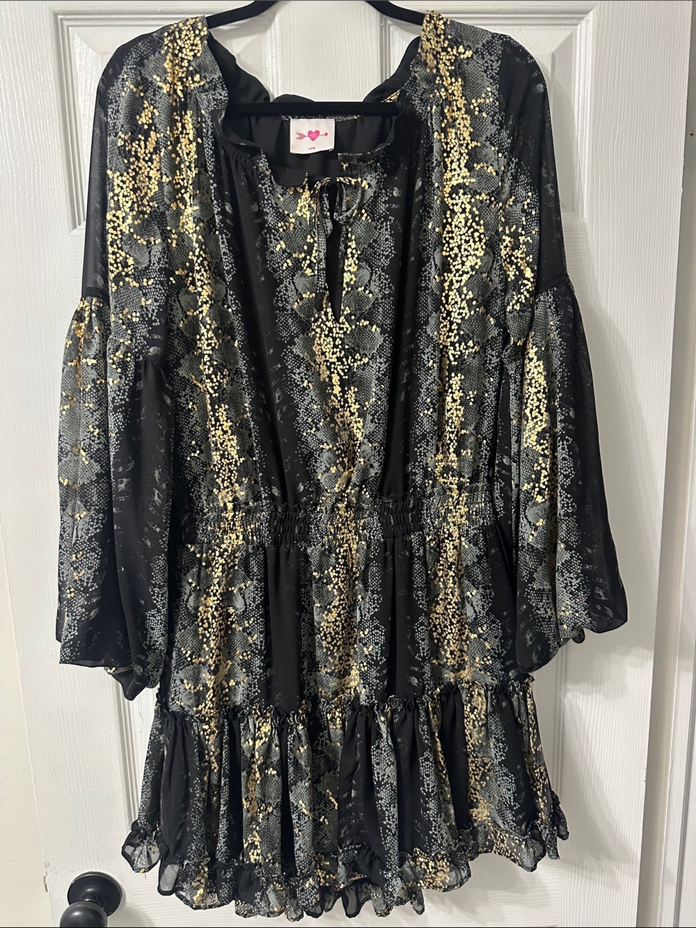 Buddy Love Black and Gold Metallic Snake-Print Ruffle Dress